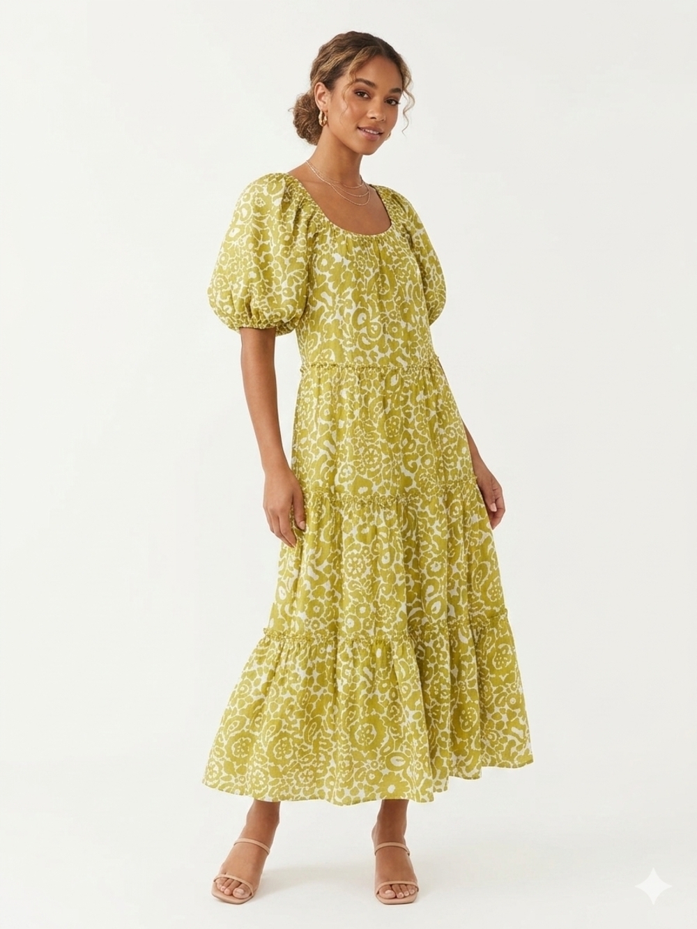 emory park Chartreuse Floral Puff Sleeve Tiered Maxi Dress
